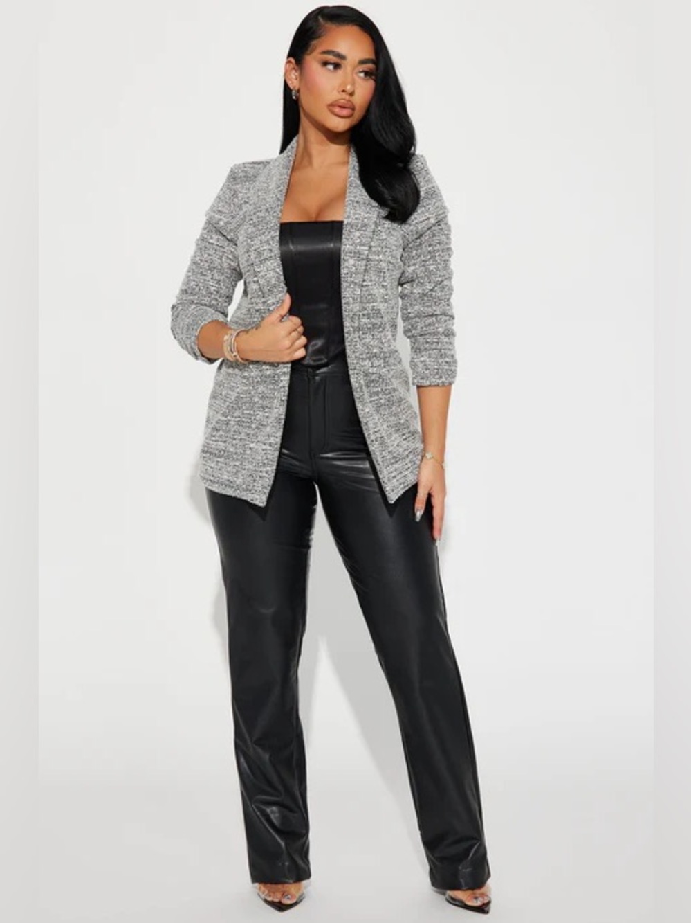 Grey Open-Front Tweed Blazer